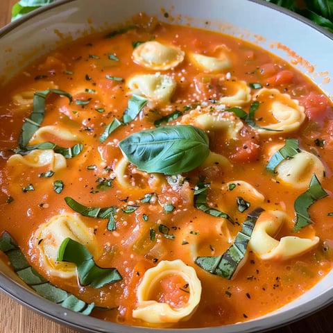A bowl of creamy tomato tortellini soup with a green herb garnish.