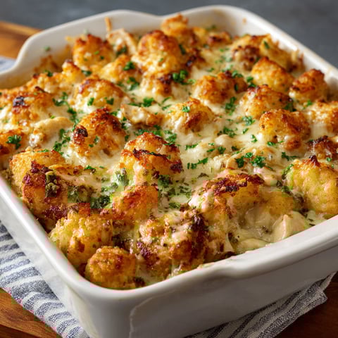 A delicious Chicken Alfredo Tater Tot Casserole Recipe is displayed in a white bowl.