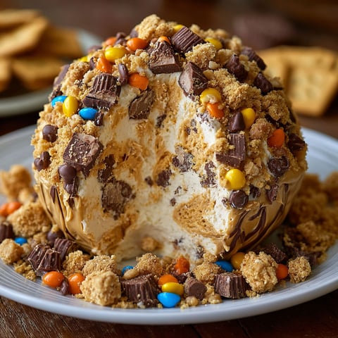 A plate of a Reese's Cheese Ball with chocolate chips and M&M's.