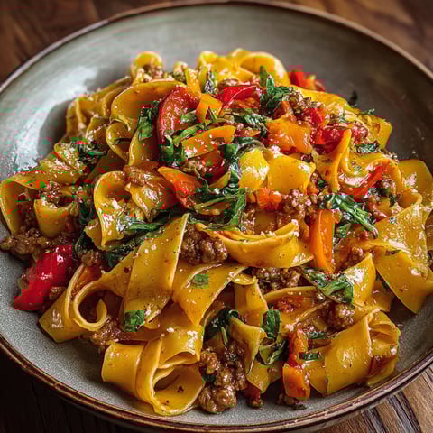 A plate of Italian Drunken Noodles Pasta with various vegetables and meat.