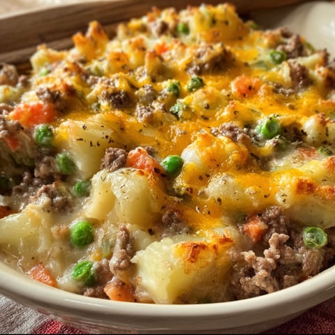 A delicious hobo casserole with ground beef, peas, and potatoes, all cooked together in a white bowl.