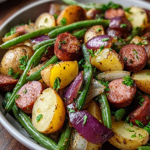 A delicious one pan sausage and green bean dish, ready to be enjoyed.