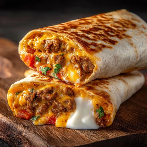 A delicious Easy Cheesy Quesarito is served on a wooden cutting board.