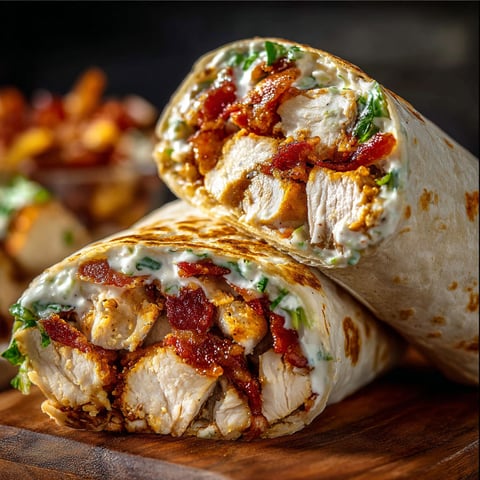 A delicious bacon chicken wrap is displayed on a wooden table.