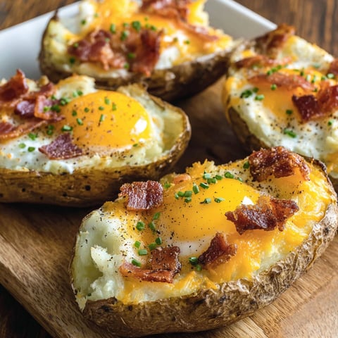 Twice Baked Breakfast Potatoes with Bacon and Eggs.