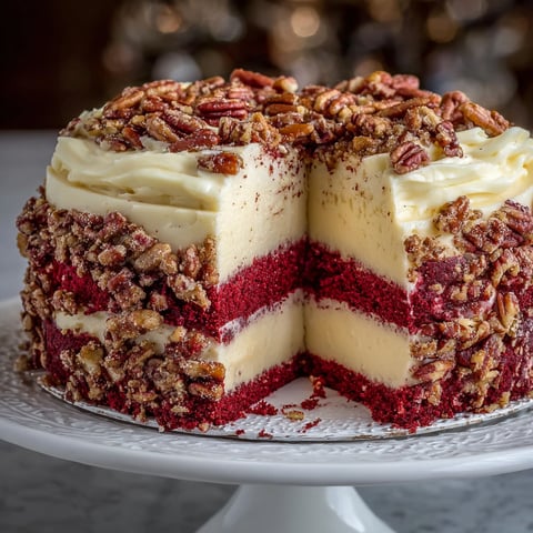 A slice of Butter Pecan Red Velvet Cheesecake is displayed on a plate.