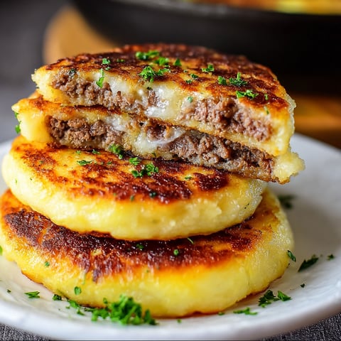A stack of three mashed potato pancakes with meat filling on a white plate.