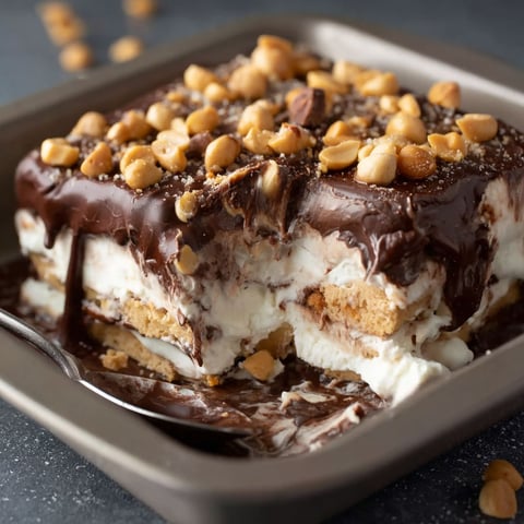 A Buster Bar Ice Cake is displayed in a metal pan, topped with chocolate and peanut butter.