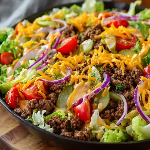 A delicious Big Mac Salad is served in a black pan, featuring a variety of ingredients such as lettuce, tomatoes, cheese, and meat.