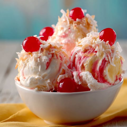 A bowl of delicious Bahama Mama ice cream with cherries on top.