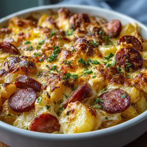 A delicious Kielbasa Cheesy Potato Casserole is ready to be served in a white bowl.