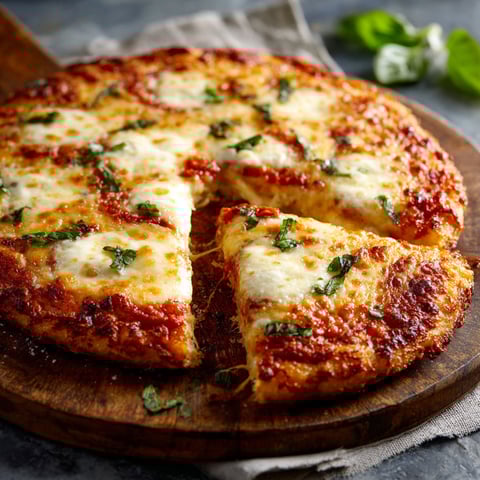 A slice of Four Cheese Margherita Pizza on a wooden board.