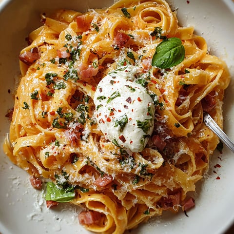 A bowl of pasta with pancetta, basil, and mozzarella cheese.
