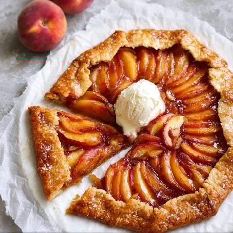 A slice of Rustic Peach Galette with a scoop of ice cream on top.