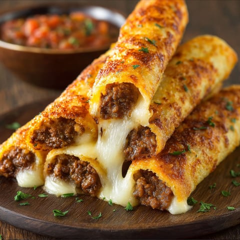 A plate of cheesy taco sticks is displayed on a wooden table.