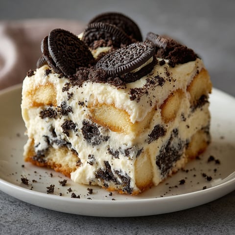 A slice of Cookies and Cream Oreo Cake on a plate.
