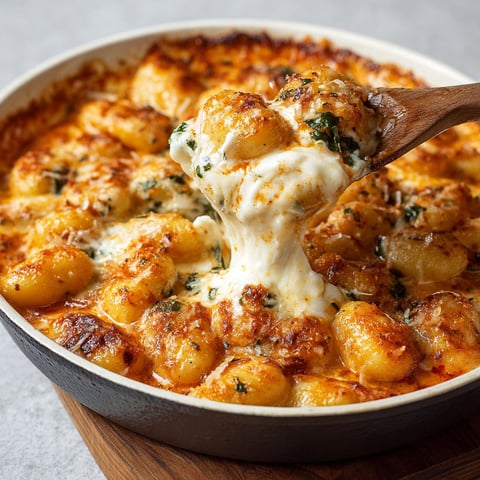 A delicious creamy baked gnocchi dish being served in a bowl.