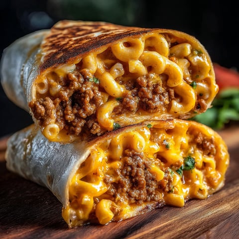 A delicious Sloppy Joe Mac Cheese Wrap is served on a wooden table.