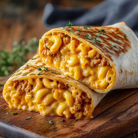 Mac Cheese Wrap is served on a wooden table.