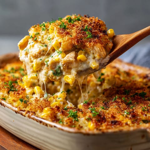 A delicious Street Corn Chicken Casserole is being served in a bowl.