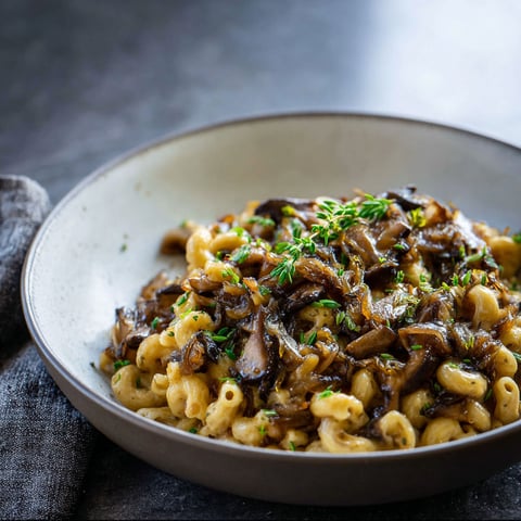 A delicious dish of Balsamic Caramelized Onion Mushroom Mac is served in a bowl.