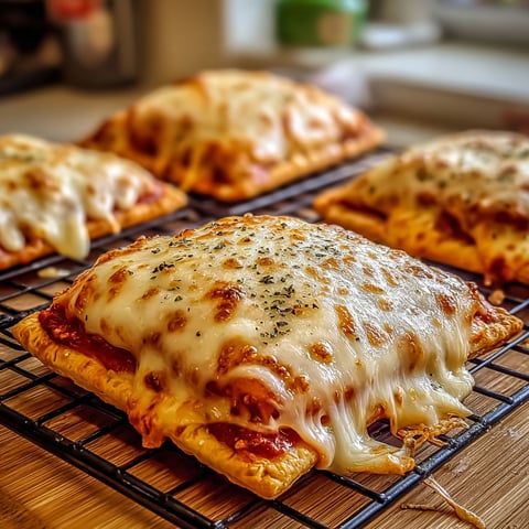 A tray of cheesy pizza pockets is ready to be cooked.