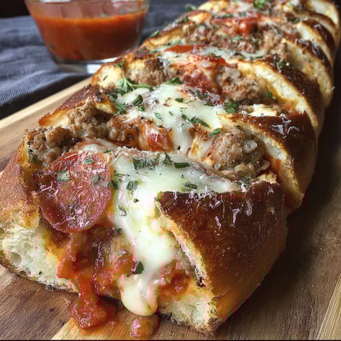 A delicious Meat Lovers Pizza Bread is displayed on a wooden table, accompanied by a bowl of sauce.