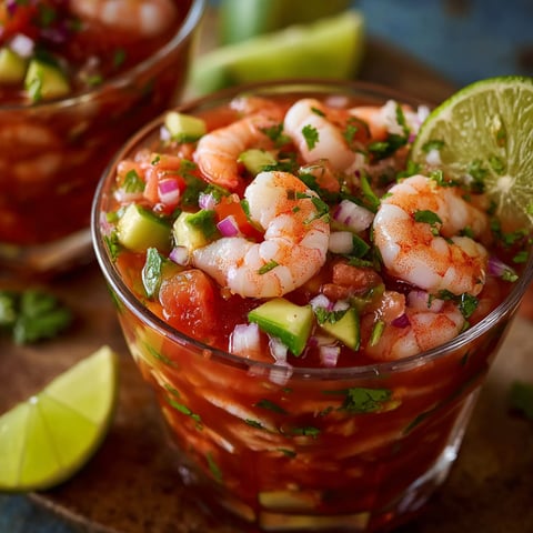 A bowl of Mexican Shrimp Cocktail is served in a glass bowl with a slice of lime on top.