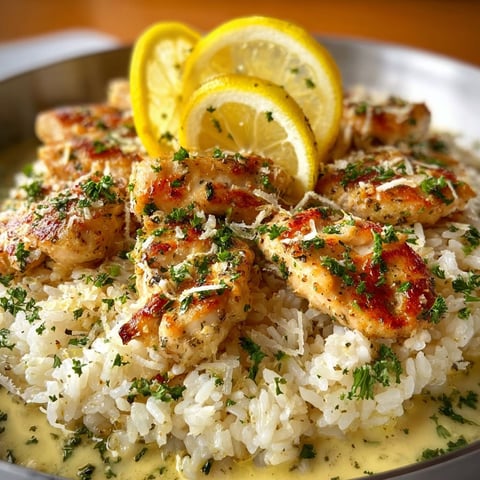 A dish of Chicken Scampi Parmesan Rice with lemon wedges on top.