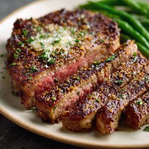 A plate of juicy air fryer steak with seasonings and a side of green beans.