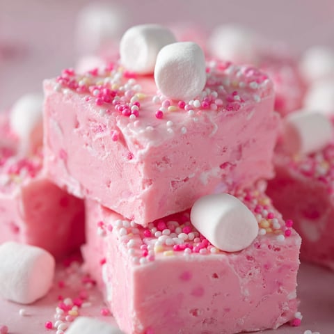 A close up of Bubblegum Fudge with marshmallows on top.