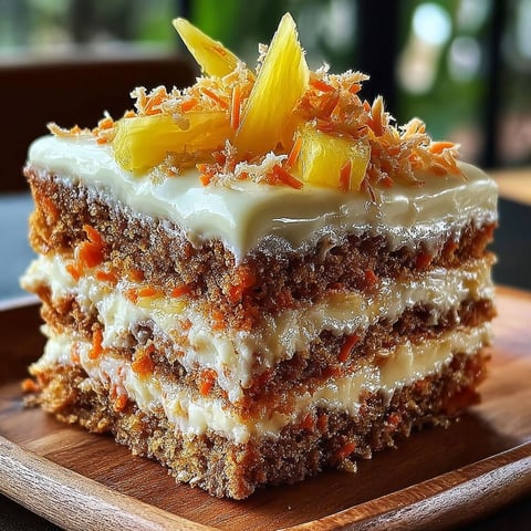 A slice of Hawaiian Carrot Pineapple Cake is displayed on a wooden cutting board.