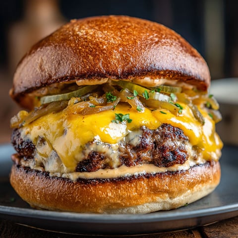 A delicious smoked Cajun burger with cheese and onions, ready to be enjoyed.