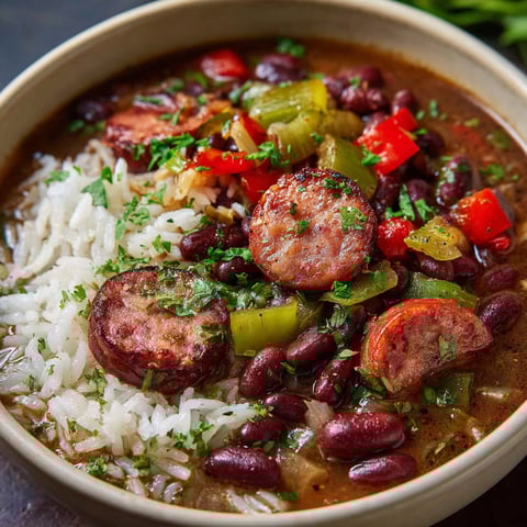 A bowl of red beans and rice with a variety of vegetables and spices.
