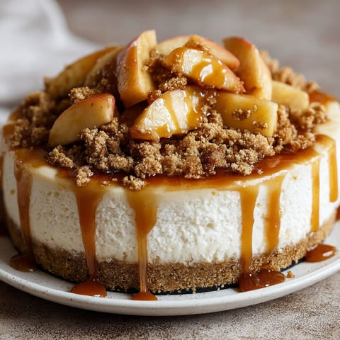 A slice of Apple Cheesecake Cinnamon Crumble topped with caramel sauce.