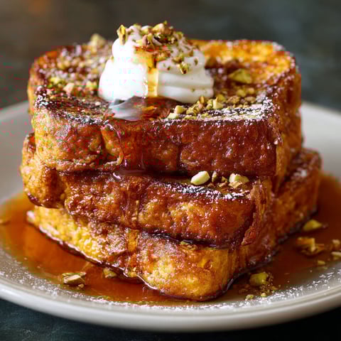 A stack of French toast with a dollop of whipped cream on top, garnished with nuts.