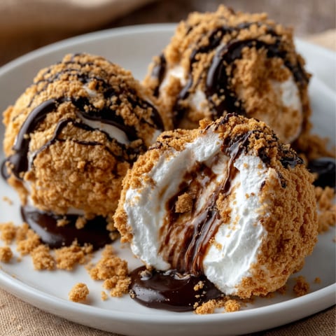 A plate of Fried S'mores Bombs with chocolate drizzle and whipped cream.