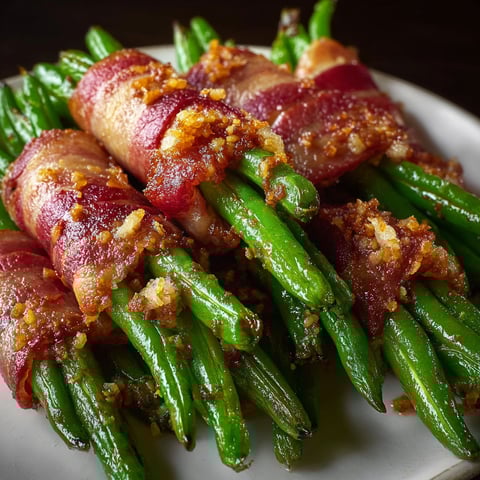 A plate of bacon wrapped green beans with a sprinkle of seasoning.