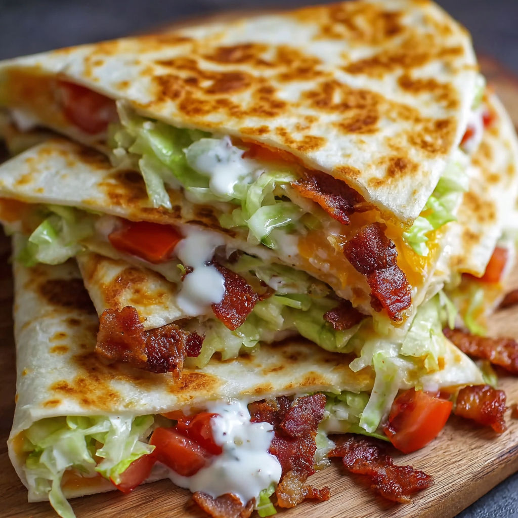 A delicious bacon chicken quesadilla is stacked on a wooden cutting board, ready to be enjoyed.