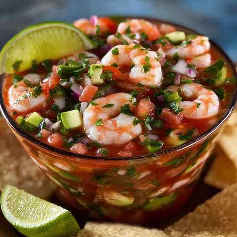 A bowl of shrimp cocktail with a zesty twist, garnished with lime wedges and cilantro.