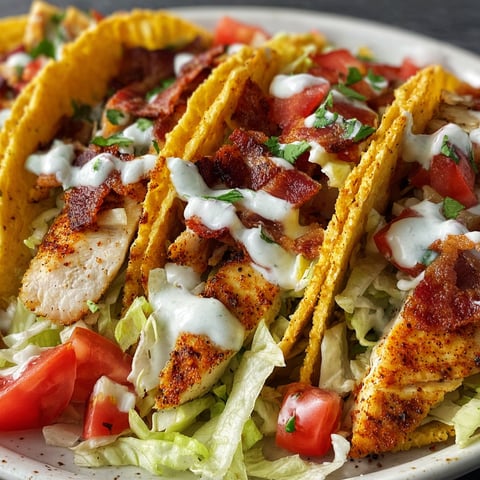 A plate of Chicken Bacon Ranch Tacos with lettuce, tomatoes, and cheese.