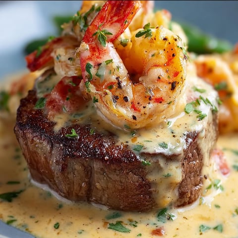 A delicious Filet Mignon with Shrimp and Lobster Cream Sauce, garnished with herbs and served on a plate.