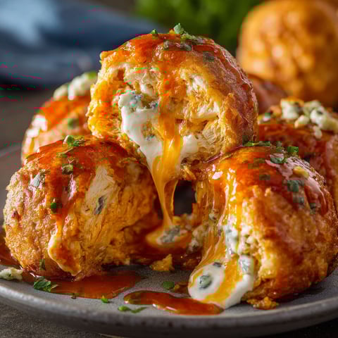 A plate of cheesy buffalo chicken bombs with a drizzle of sauce on top.