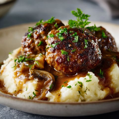 A plate of meatballs covered in gravy and mushrooms, served with mashed potatoes.