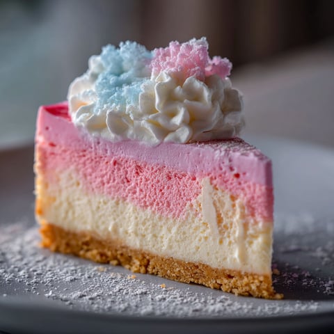 A slice of Cotton Candy Cheesecake Dessert with a white whipped cream topping.