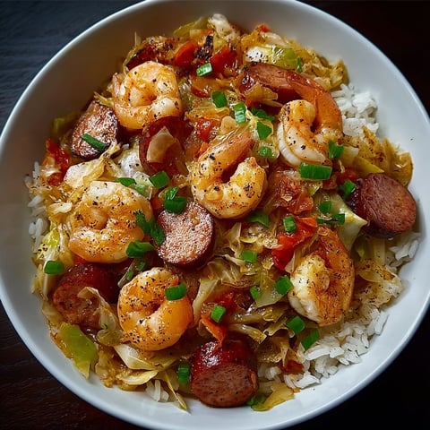 A bowl of Shrimp Sausage Cabbage Bowl, filled with shrimp, sausage, and cabbage, is placed on a wooden table.