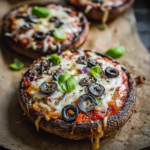 A close up of a Portobello Mushroom Pizza Bake with cheese and olives.