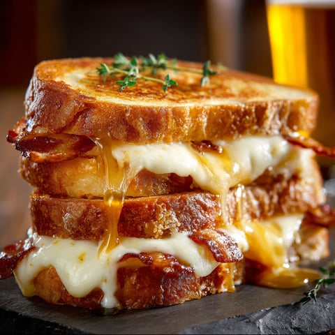 A delicious Beer Battered Grilled Cheese sandwich is presented on a cutting board.