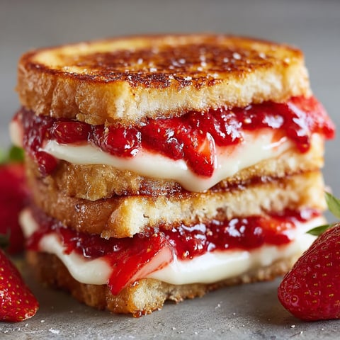 A delicious Fried Strawberry Cheesecake Sandwich is displayed on a table, with a strawberry and a slice of cheesecake on top.