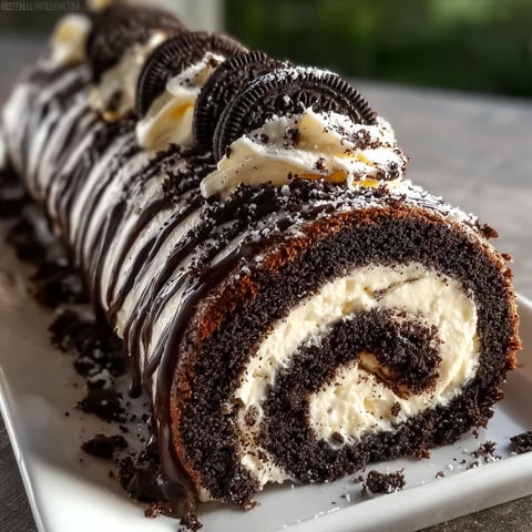 A delicious Oreo Cream Chocolate Roll is displayed on a white plate.